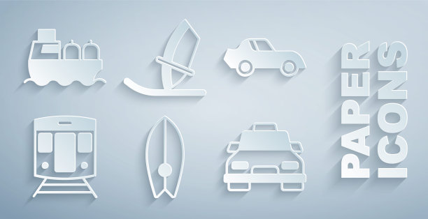 设置冲浪板，汽车，火车和铁路，出租车，风帆和油轮船舶图标。向量图片下载