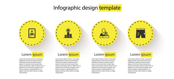 设置足球或足球卡，奖项超过体育冠军领奖台，球员新闻发布会和足球比赛短裤。业务信息模板。向量图片下载
