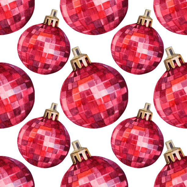 无缝图案水彩手绘红色闪亮圣诞装饰迪斯科球孤立在白色背景。创意玩具剪纸为新年，派对，庆祝，墙纸，包装图片下载