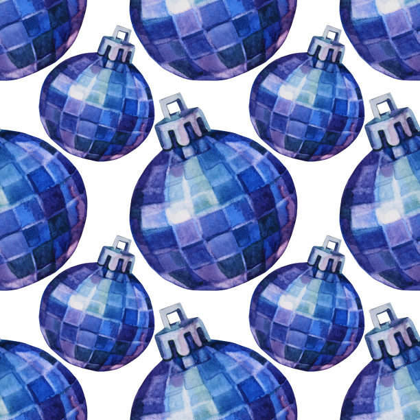 无缝图案水彩手绘蓝色银色闪亮圣诞装饰迪斯科球白色背景。创意玩具剪纸为新年，派对，庆祝，墙纸，包装图片下载