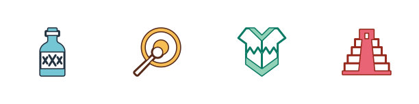 设置龙舌兰瓶，贡，斗篷和奇琴伊察玛雅图标。向量图片下载