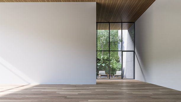 空房间与空白白墙和绿色墙花园背景3d渲染图片下载