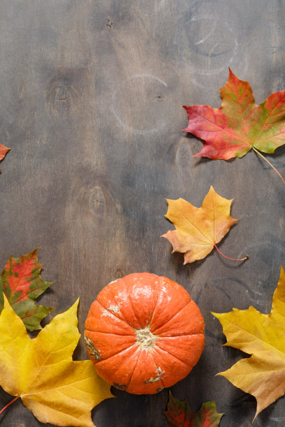 秋天情绪成分。木桌背景上有落叶和南瓜。感恩节快乐，秋天概念。平铺，俯视图，复制空间。图片下载