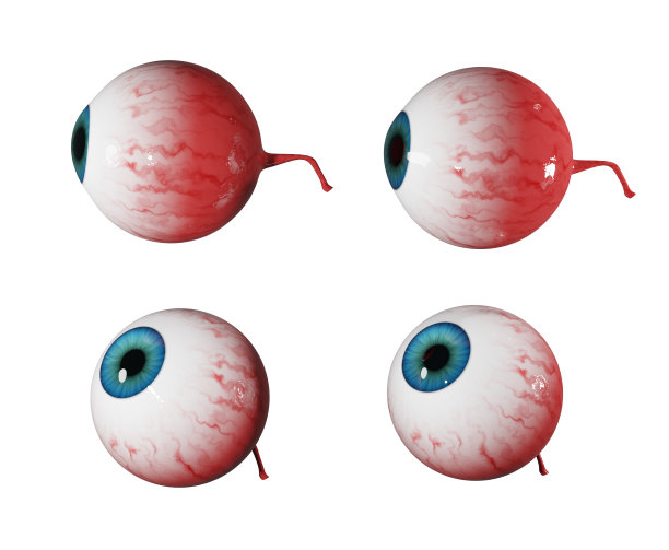逼真的人眼，3d渲染。人体解剖学的概念。眼球有蓝色的虹膜，孤立在白色的背景上。眼球与毛细血管，3d插图。图片下载