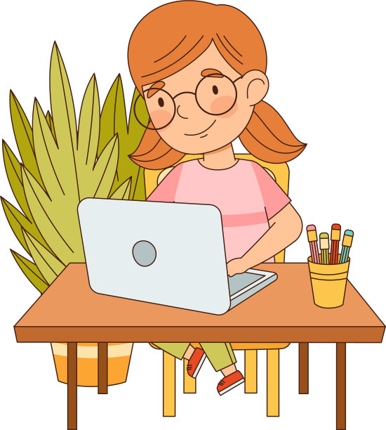 小女孩在餐桌前训练笔记本电脑图片下载