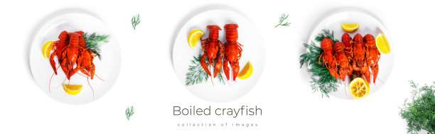 白底色的黑盘子上，配上小茴香和柠檬的水煮小龙虾图片下载