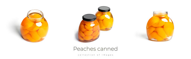 桃子装在玻璃瓶里。在白色背景上分离的糖浆中的甜桃子图片下载