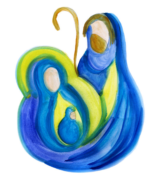 圣诞快乐。伯利恒的耶稣诞生场景。孤立抽象水彩手绘圣诞场景插图，代表神圣的家庭与约瑟夫·玛丽和婴儿耶稣图片下载