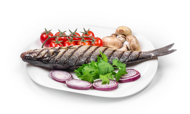 烤鲈鱼配番茄。图片下载