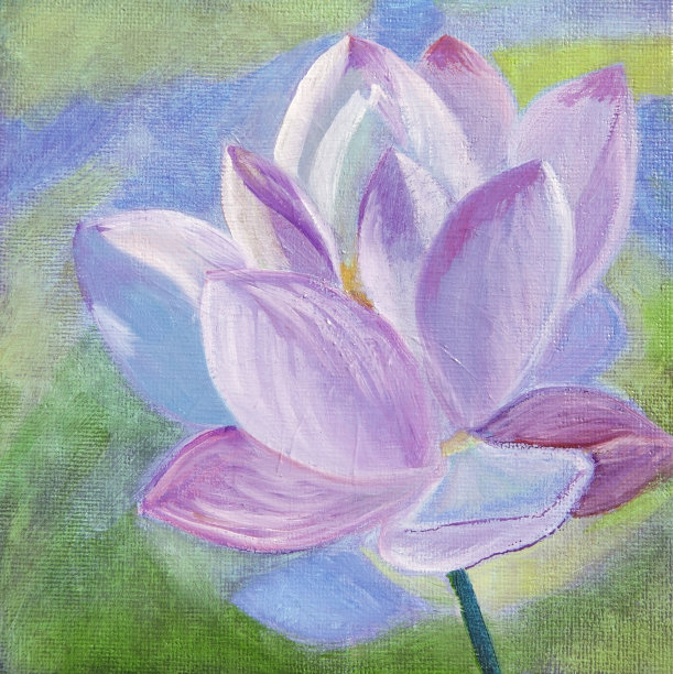 在阳光下，用明亮的油画颜料在帆布上画出抽象的莲花图片下载