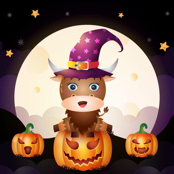 一个可爱的卡通万圣节女巫水牛站在上面图片下载