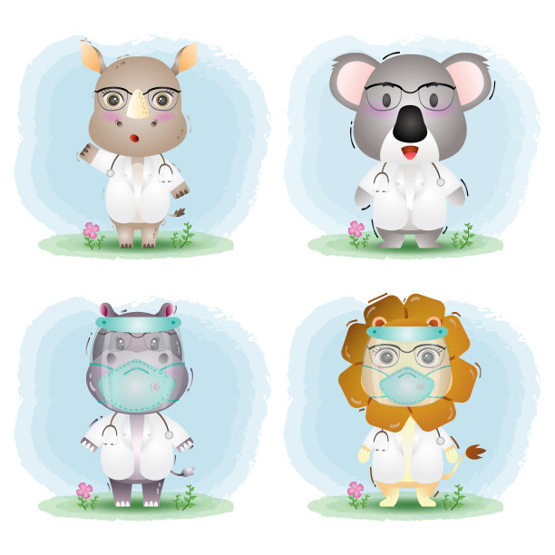 可爱的动物与医生服装收集犀牛图片下载