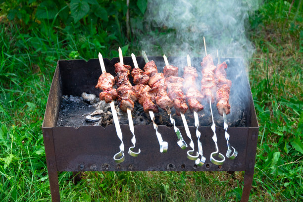 新鲜的香喷喷的羊肉串是在木炭烤架上烤的，在夏天的绿色背景下图片下载