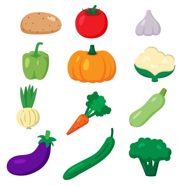 卡通扁平风格蔬菜矢量素材：花椰菜、胡萝卜、茄子、洋葱、西兰花、南瓜、番茄、土豆、辣椒，适用于食谱、餐厅、超市和市场图片下载