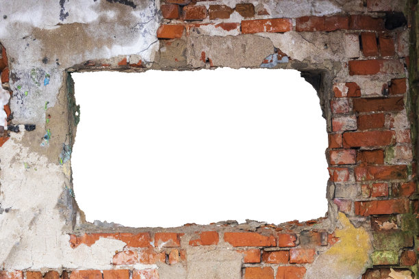 中间有个洞的红砖墙。孤立在白色背景上。乏味的东西。横向框架图片下载