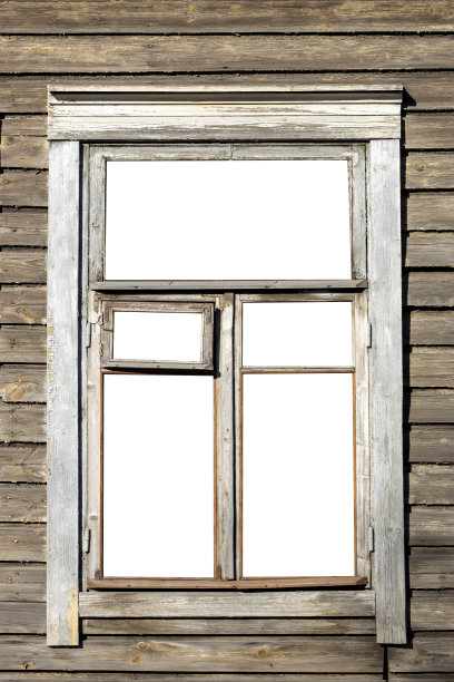 一个老木屋的窗户。在白色背景上隔离图片下载