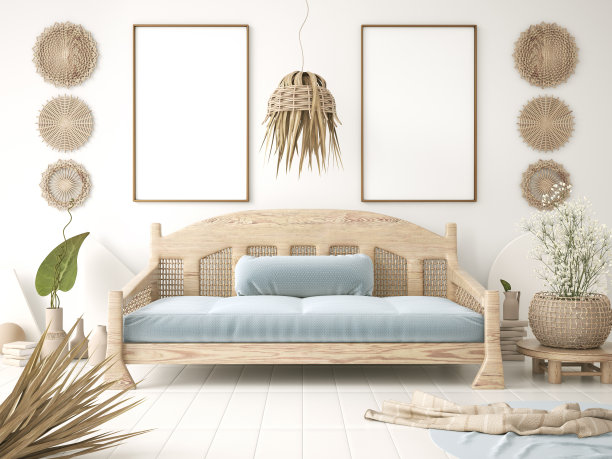 现代客厅的室内设计，沙发，热带室内，模拟海报框架在墙上，3d渲染图片下载