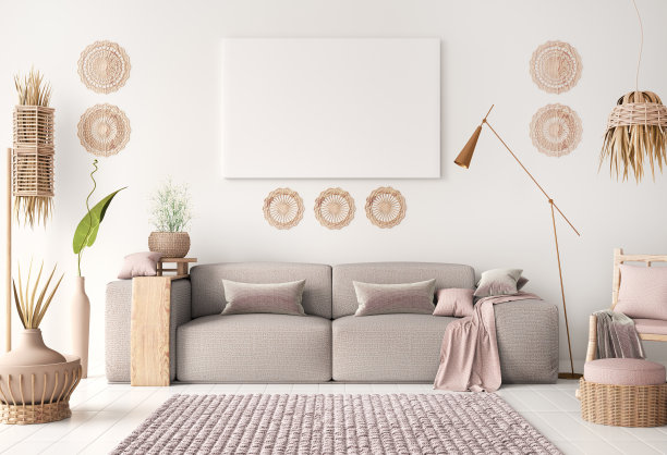 现代客厅的室内设计，沙发和扶手椅，热带室内，模拟海报框架在墙上，斯堪的纳维亚风格，3d渲染图片下载