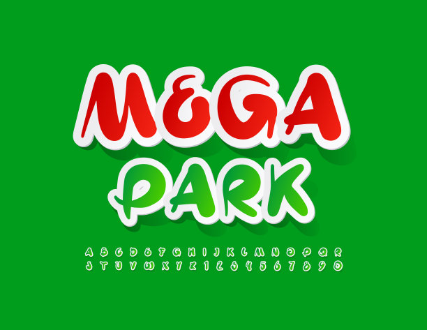 向量创意横幅Mega Park。贴纸风格字母和数字集合图片下载