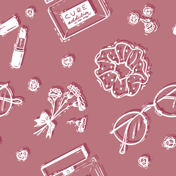 矢量美容配件线条艺术在覆盆子粉红无缝模式背景。完美的织物，墙纸和剪贴簿项目。图片下载