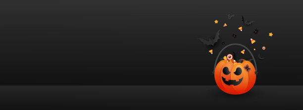 快乐的万圣节旗帜与现实的3d橙色南瓜与切割可怕的微笑，糖果，蜘蛛和飞行蝙蝠。水平节日的海报。矢量图图片下载