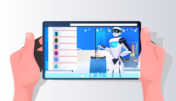 在时尚精品店人工智能技术概念中，销售机器人在智能手机屏幕上展示衣服图片下载