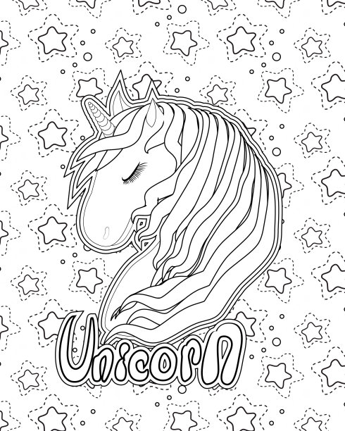 独角兽着色页打印。白底黑线图片下载