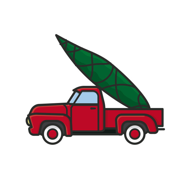 带有圣诞树的老式皮卡车在床上孤立的矢量插图图片下载