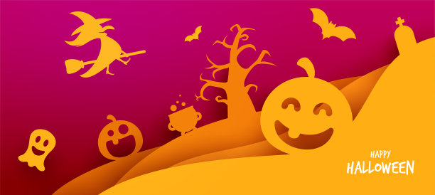 万圣节快乐设计构图。卡通背景的旗帜，卡片，海报，封面在时髦的纸可爱的极简风格。五彩缤纷的矢量插图。图片下载
