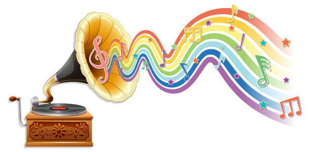 留声机与旋律符号在彩虹波图片下载