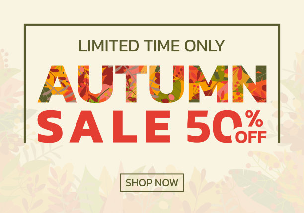 秋天出售旗帜与秋天的树叶。折扣背景设计促销，海报，传单或广告。优惠五折。矢量插图。图片下载