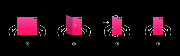 带有可折叠屏幕的智能手机平板电脑。一步一步折叠展开说明书。向量孤立。图片下载