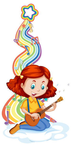 女孩弹吉他与旋律符号在彩虹波图片下载