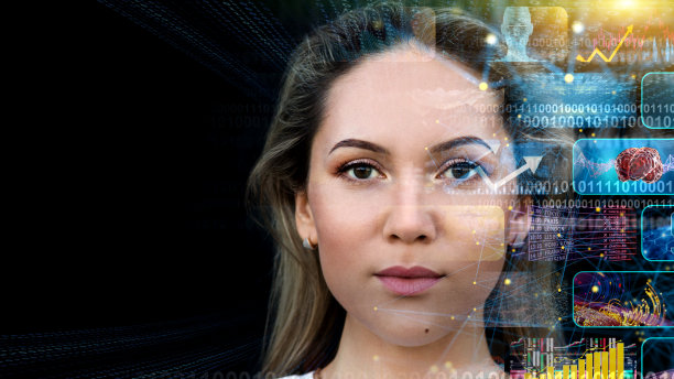 媒体概念多电视屏幕与女性面孔图片下载