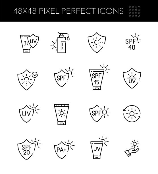 防晒霜防紫外线图标。乳液，乳霜和晒黑。像素完美，可编辑的笔触。图片下载