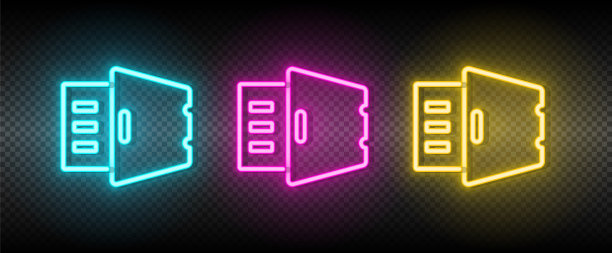 存款，黄金，安全霓虹灯矢量图标。插图霓虹蓝，黄，红图标集。图片下载