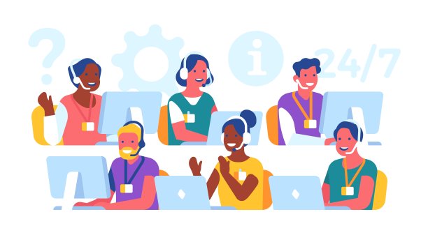 客户支持操作符。热线工人与耳机在工作场所，24小时远程技术服务，数字语音聊天矢量集图片下载