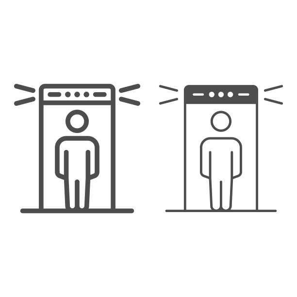 乘客在金属检测门户线和固体图标，安全检查概念，金属探测器矢量标志在白色背景，轮廓风格图标的移动概念和网页设计。矢量图形。图片下载
