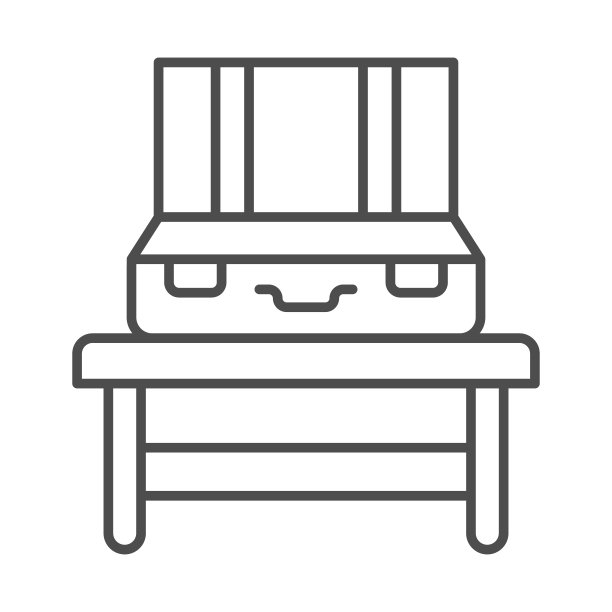 打开，空手提箱上的表细线图标，安全检查概念，打开包矢量标志上的白色背景，轮廓风格图标的移动概念和网页设计。矢量图形。图片下载