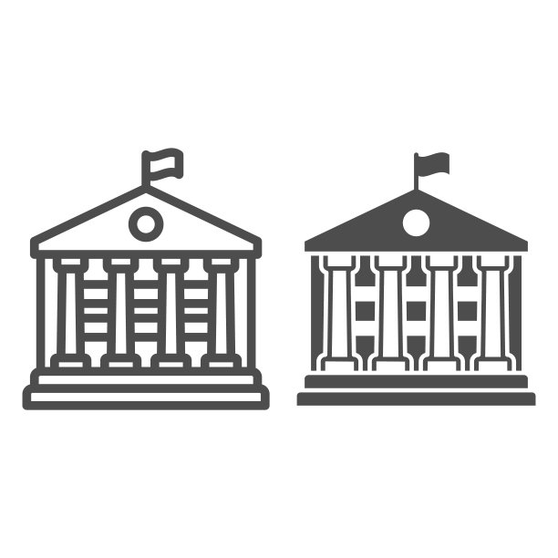 建筑与旗帜和柱线和固体图标，官方部门概念，自定义房屋矢量标志上的白色背景，轮廓风格图标的移动概念和网页设计。矢量图形。图片下载