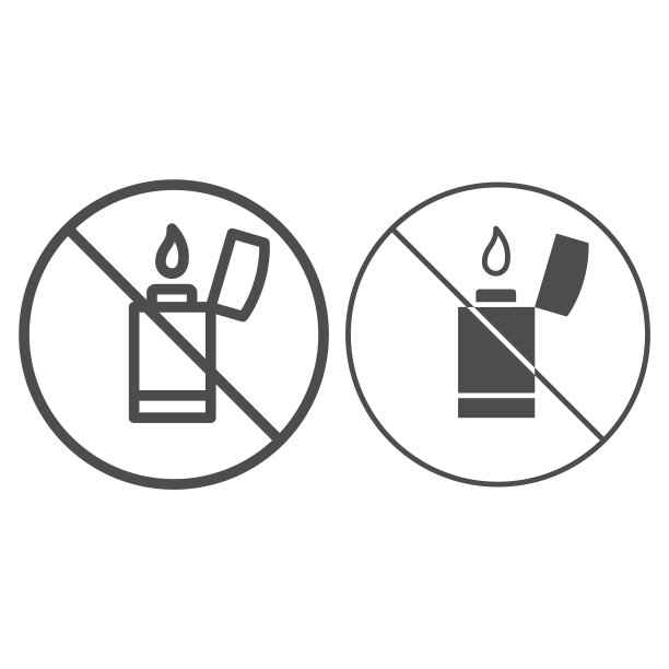 禁止易燃物品标志：安全检查概念，禁止打火机矢量标志，白色背景轮廓样式图标，用于移动概念和网页设计。矢量图形图片下载