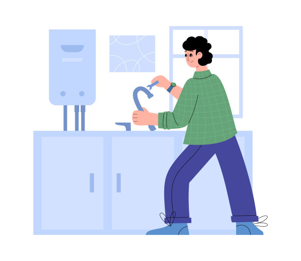 水管工人在厨房修理坏水龙头，平面矢量插图孤立。图片下载