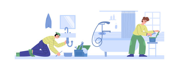 水管工修理水龙头和固定管道，平面矢量矢量插图孤立。图片下载