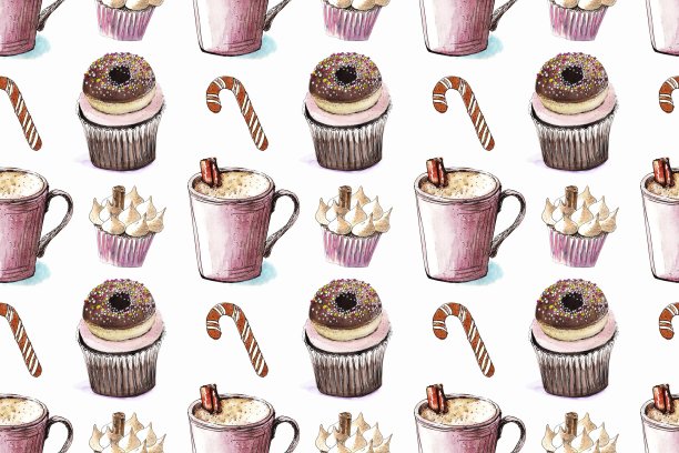 杯形蛋糕、蛋白酥皮、曲奇饼和咖啡的完美搭配。水彩手绘插图图片下载