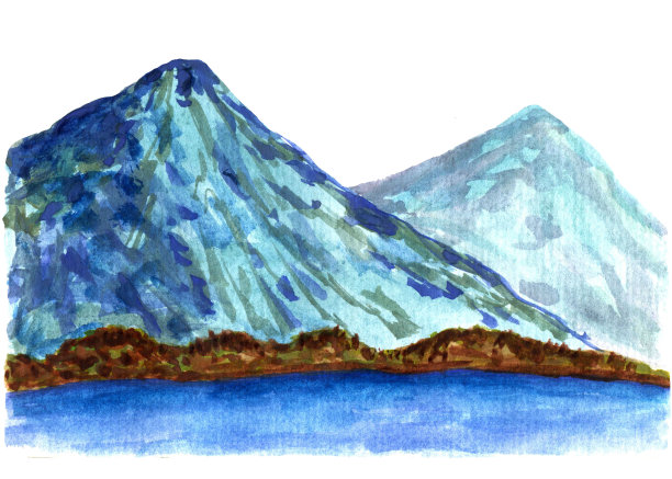 北部沿海多山国家美丽的岩石景观。手绘水彩插图在明亮的蓝色色调，山，海。用于旅游和旅行。图片下载