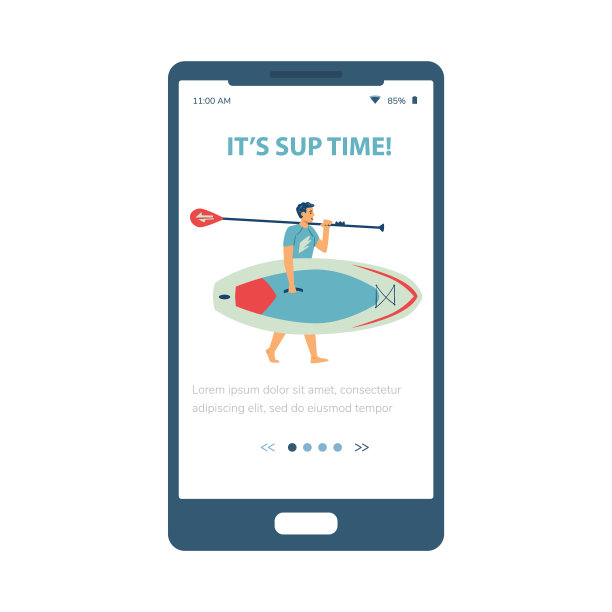 SUP冲浪板移动屏幕模板平面矢量插图。图片下载