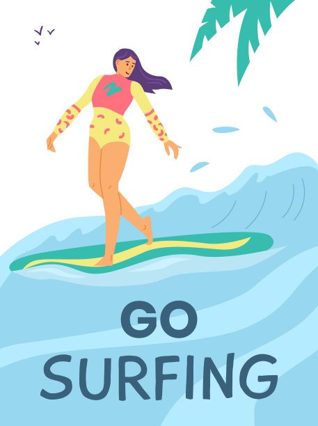 热带海滩背景与女性冲浪者，平面矢量插图。图片下载
