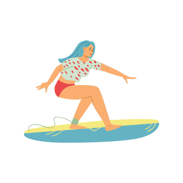 冲浪女人骑冲浪板，平面矢量插图孤立。图片下载