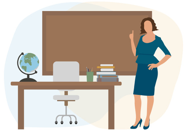 美丽的老师在教室里用手指着黑板。教师,教育。矢量插图。图片下载