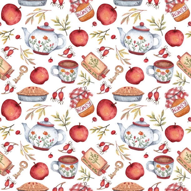 明亮的手绘无缝水彩图案在舒适的秋天主题。图片下载